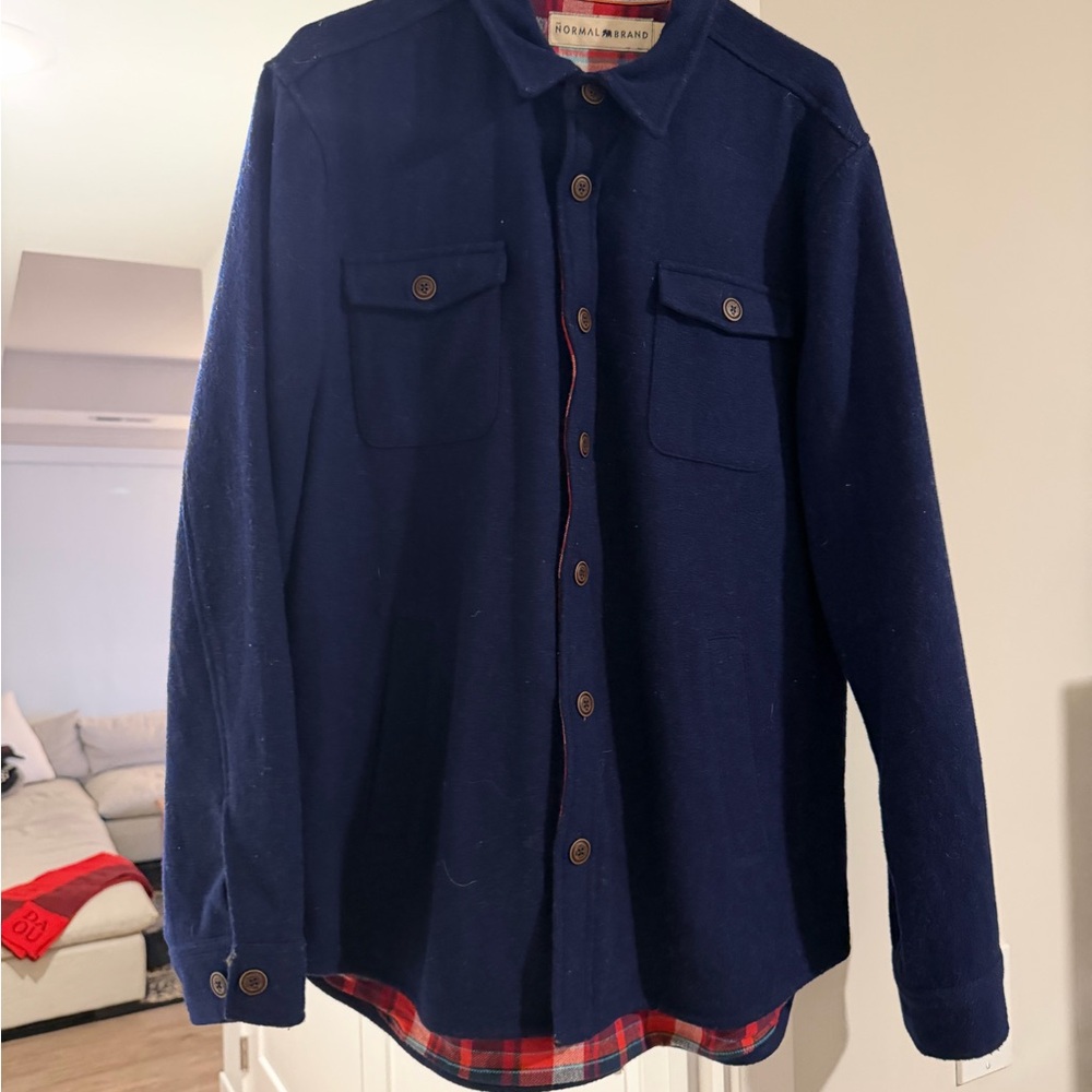 The Normal Brand Navy Shirt with Red Plaid Accent